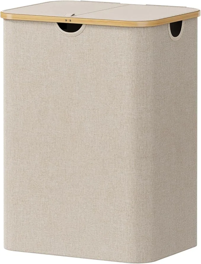 Lifewit Cesto para la Ropa Sucia de 150L con Tapa, Cesta para la Colada con Asas de Bambú y Una Bolsa Extraíble, Cesto de Ropa Plegable Grande para Dormitorio, Cuarto de Baño, Lavadero, Beige