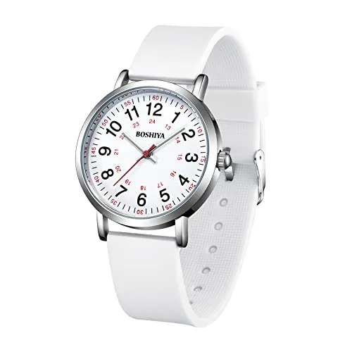 BOSHIYA Reloj de enfermera, reloj de enfermería para enfermeras, profesionales médicos y estudiantes, reloj de segunda mano para enfermeras, correa de silicona blanca., Esfera blanca correa blanca