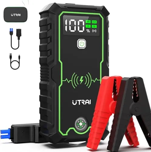 6000A 27000mAh Arrancador de Baterias de Coche con Brújula,Martillo de Seguridad,Carga inalámbrica de 10,Linterna LED,UTRAI 12V Arrancador de Coches Portátil para Todo de Gasolina o 10L de Diésel