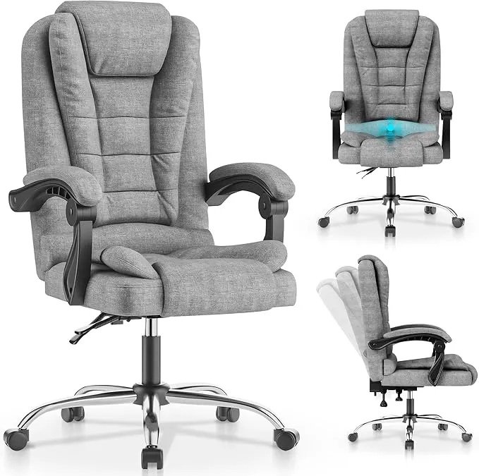 JUPPLIES Silla de Oficina Reclinable con Cojín Lumbar Masajeador – Sillón con Altura Ajustable y Ruedas Silenciosas, Respaldo Alto de PU Acolchado para Escritorio, Estudio o Trabajo (Gris)
