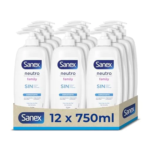 Gel de Ducha Sanex Neutro Family pack 12 x 750 ml | Con ingredientes esenciales | 0% sulfatos*, 0% jabón y 0% colorantes | Gel de ducha para todo tipo de piel | Hidratación duradera