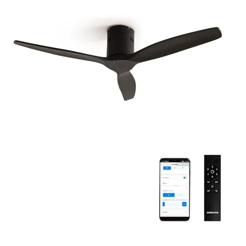 CREATE / WINDCALM NATURAL WOOD M/Ventilador de techo negro con Wifi y mando / 40W, Temporizador, Ø132 cm, 6 velocidades, silencioso, función verano-invierno