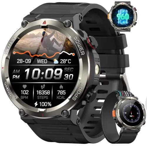Blackview Reloj Inteligente Hombre con Linterna, Brújula, Realizar/Recibir Llamadas,1,45" Militar Smartwatch Hombre Pulsómetro, Oxímetro,Sueño, Pulsera Actividad 100+ Modos Deportivos, Podómetro,Negro