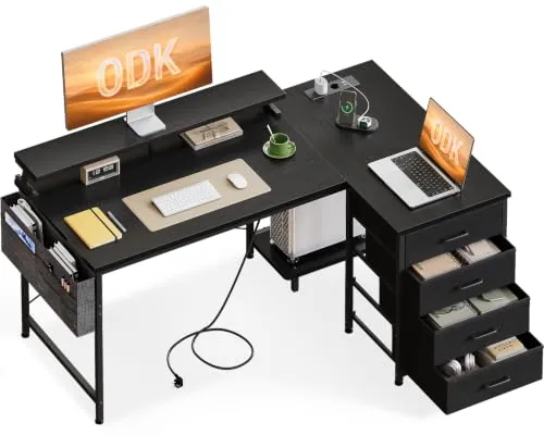 ODK Escritorio Esquinero con 4 Cajones de Tela, 140x80cm, Negro