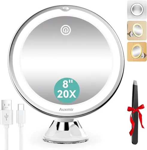 Auxmir Espejo Maquillaje con Luz LED, Aumento 20X con Ventosa, Recargable | Batería 2000 mAh USB-C. Color y Brillo Regulables. Giro 360°. Ideal para Maquillaje, Cejas, Depilación, Baño, Pared y Viaje