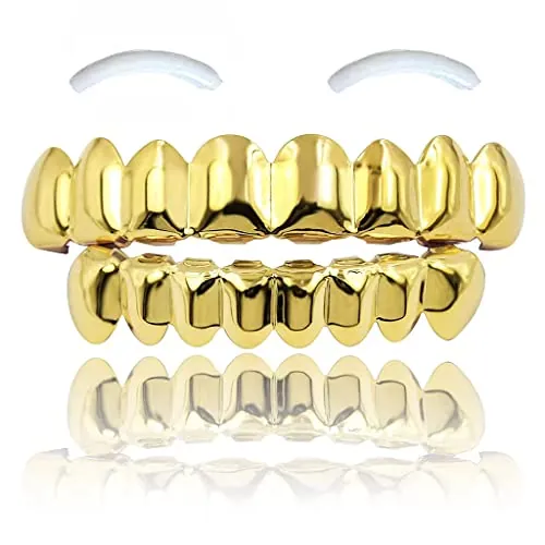 Qiwenr 18K Grillz de Hip Hop Chapado en Oro,Shine Parrillas de Oro,Grillz de Oro Chapado,8 Dientes Superiores 6 Parrillas de Boca de Hip Hop de Dientes Inferiores para Hombres y Mujeres