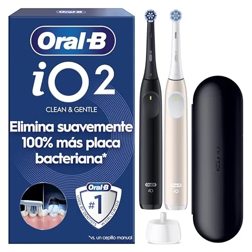 Oral-B iO2 Cepillos de Dientes Eléctricos, Negro y Rosa, Pack de 2, 2 Cabezales - Cepillo Dental Oral B con 3 Modos de Cepillado, Sensor de Presión, Batería de Larga Duración Y Estuche de Viaje