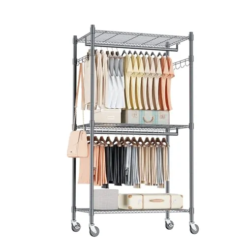 Himimi Perchero Doble con Estantes Ajustables en Altura, Perchero con 2 Ganchos, Rieles de Ropa con Ruedas, 60 * 42 * 205cm, Gris