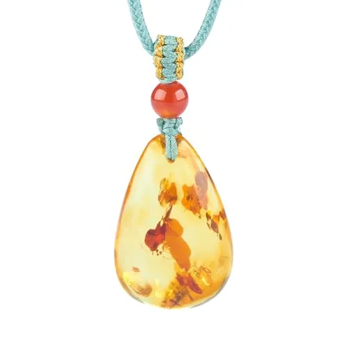ELEGAMBER Collar con colgante de lágrima de ámbar báltico natural hecho a mano, color coñac, piedra ámbar pulida, embalaje de caja de regalo de madera, collar electrónico de piedra energética