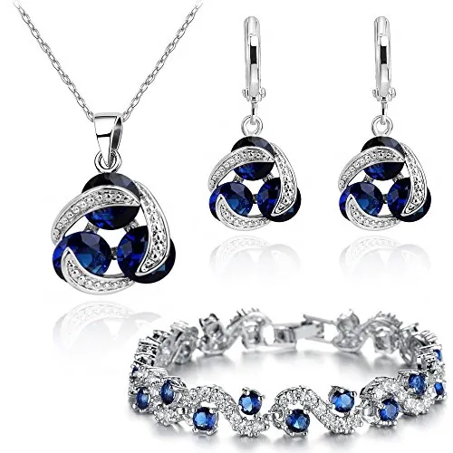 Crystalline Azuria Mujer 18ct Chapado en Oro Blanco Zafiro simulado Azul Redondo Zirconia Juego de joyas Collar Pendientes Pulsera