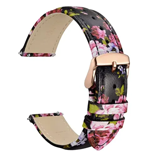 WOCCI 20mm Flores Correa de Reloj para Mujer, Cuero Genuino, Hebilla de Oro Rosa (Peonía Fucsia)
