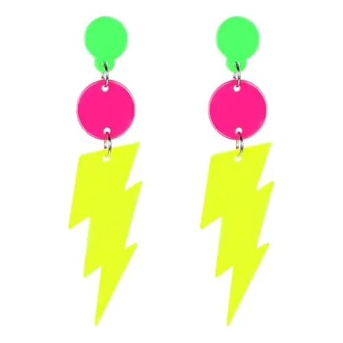 GNALIA Pendientes Fluorescente Retro Años 80, Aros Acrílico Neón Con Diseño Relámpago Amarillo, Pendientes Temáticos Para Fiestas, Tamaño 7.5Cm, 1 Par