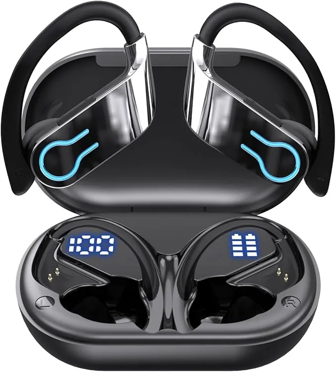 Paekole Auriculares Inalámbricos Bluetooth Deportivos con Gancho, Bluetooth 5.3, 120H Reproducción con Pantalla LED, Cascos Running IPX7 Impermeable, 4 Micrófonos ENC Cancelación de Ruido