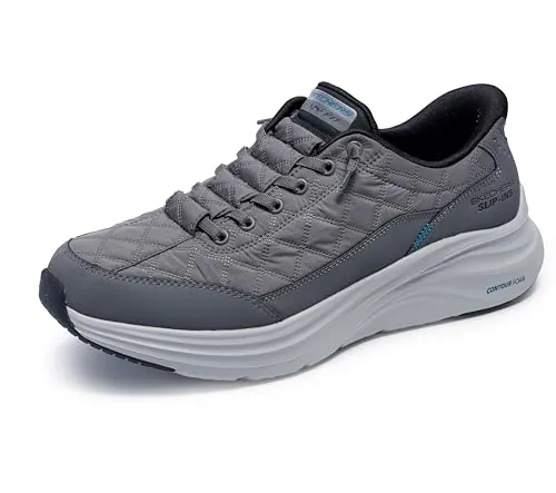 Skechers Hombre Contour Foam Cozy Fit Slip-In Entrenador, Charcoal Mesh/Duraleather/Black Trim, 44 EU