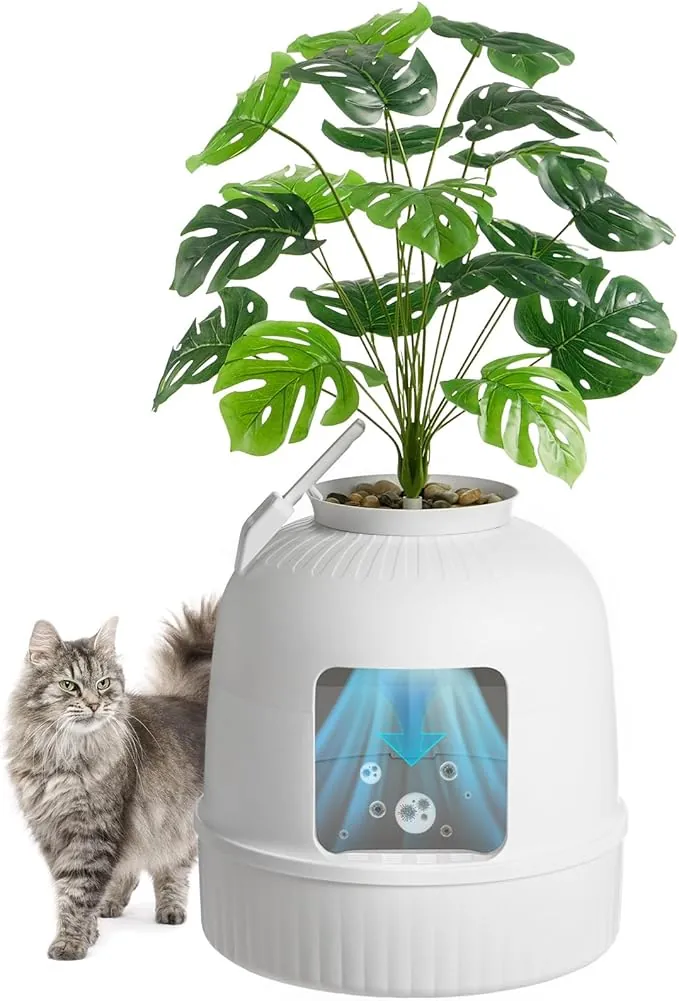 Lifewit Arenero Gato con Desodorizante y Filtro de Carbón, Arenero Maceta para Sala de Estar, Dormitorio, Esquinas, Cagadero Gatos Cerrado con Planta Artificial, Pala, 48 x 120 cm, Blanco
