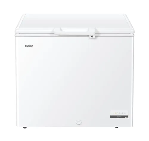 Haier HCE251E Arcon Congelador Horizontal, 248L, Ancho 94cm, Función Fast Freeze y Super Congelación, 2 Cestos Metálicos, Display Digital, Interior de Aluminio Texturizado, Tirador Exterior, Blanco