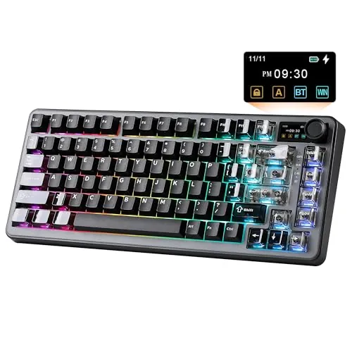 YUNZII B75 Pro MAX Teclado Mecánico Inalámbrico, Diseño 75% con Pantalla TFT y Control Giratorio, Hot Swap, QMK/Via, RGB, BT/USB-C/2,4G para Win/Mac (Negro, Milk V2 Switch)