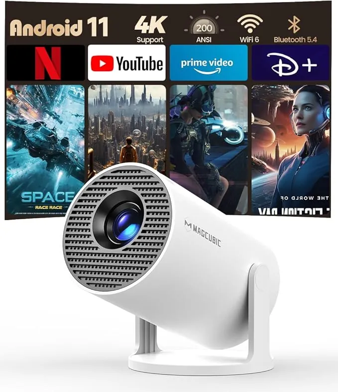 Proyector Portátil con Android 14, Mini Proyector 4k 1080P Full HD Soporte 200ANSI 8000L, Videoproyector WiFi 5G BT 5.4, Cine Projector 180 ° Se Puede Girar para TV Stick Blanco