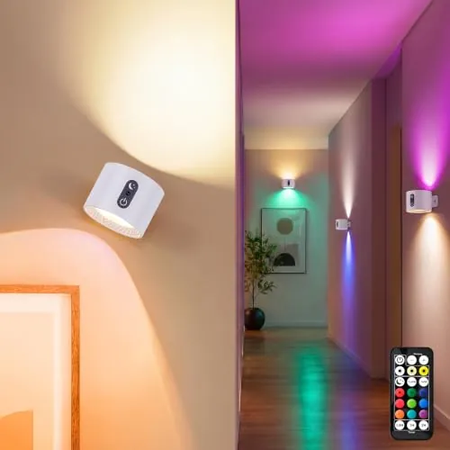 LuminexDesigns Lámparas de Pared LED RGB Recargables con Mando Distancia | Blanco, Inalámbricas, Luz Arriba y Abajo, Táctiles Regulables, Temporizador, para Dormitorio Pasillo Salón AURI WL01