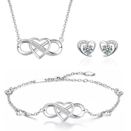Gkaopi Conjuntos de Joyas para Mujer y Niñas Plata 925 de Ley Corazón Infinito Collar Pulsera y Pendientes Juego de Joyas con Cristal Collar con Colgante para Regalo Fiesta Boda Cumpleaños (Plata)