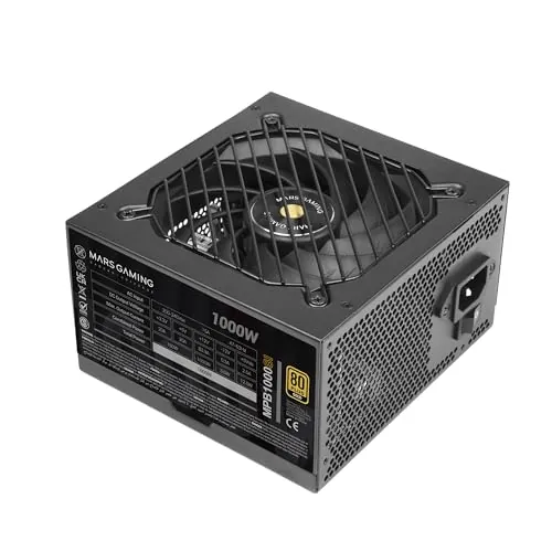 Mars Gaming MPB1000SI, Fuente Alimentación PC ATX 1000W, 7 Años de Garantía, 80Plus Gold 90%, Ventilador SI Extreme Silence con Núcleo de Cobre y Aluminio, Tecnologías AI2-RPM, DC-DC y SMD, Negro