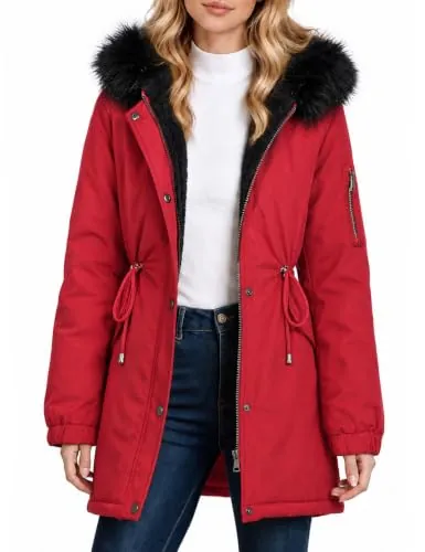 Tuopuda Abrigo Parka Mujer Largo con CapuchaAbrigo Gruesa Chaqueta de invierno cálidoa Prueba de Viento(Rojo,XL)