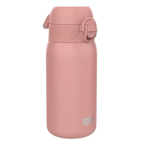ion8 Botella Agua Inox Ligero para Niños, 400ml, Sin Aislamiento, a Prueba de Fugas, Fácil de Abrir, Cerradura Segura, Aptas para Lavavajillas, Fácil de Limpiar, Resistente a Rayones, Rosa Ceniza