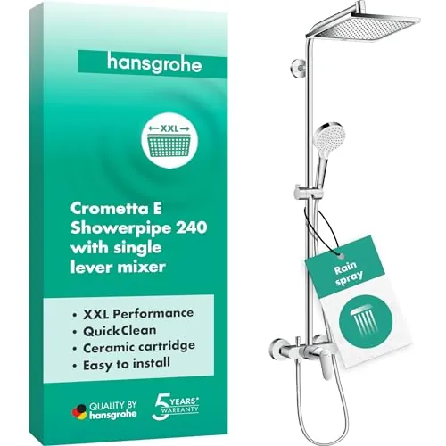 hansgrohe Crometta E - sistema de ducha con grifo monomando, ducha lluvia (240 x 240 mm) con grifo, ducha de mano (2 tipos de chorro), flexo, barra, ducha fija rectangular, cromo, 27284000