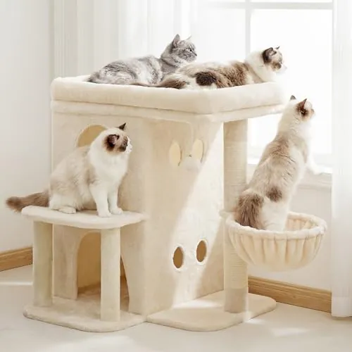 Heybly Árbol para Gatos, 65 cm de Altura, Beige HCT204SM | con una Plataforma Superior Extragrande, Cesta para Gatos de Dos Pisos, Rascador de Sisal, Cesta y Juguetes para Gatos