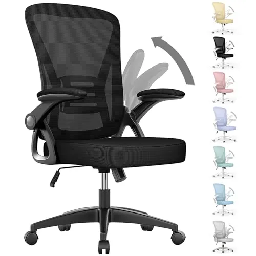 rattantree Silla de Oficina con Reposabrazos Abatibles, Silla de Escritorio Ergonómica con Soporte Lumbar, Silla Giratoria Regulable en Altura, Silla de Malla Transpirable, Negro