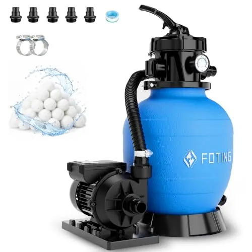 FOTING Depuradora de Arena 9.000 L/h, Filtro de Piscina con Bomba, Válvula de 7 Vías con Manómetro, Adaptador Ø32-38 mm,200 g de Bolas Filtrantes Incluidas