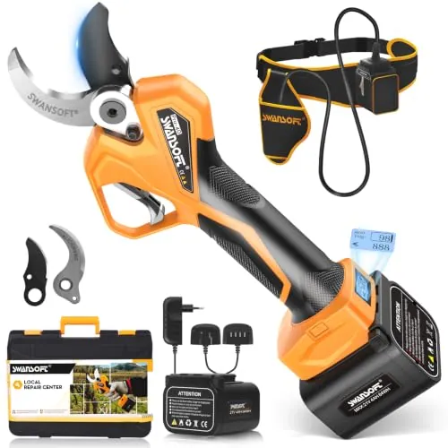 SWANSOFT PRU40 Tijeras de Podar Electricas Profesionales,40mm Corte Progresivo,2 Baterías 4Ah (10-12h),1050W Motor sin Escobillas,Pantalla LCD,con Mochila y Cable para Aliviar Peso,para Olivo y Viñedo