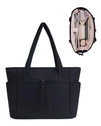 Wandering Nature Bolso Mujer Acolchado Grande, Bolso Shopper Mujer con Compartimento para Portátil 15.6" y Portabotellas 40oz para Negocios Escuela Viajes, Negro(Patente en Trámite)