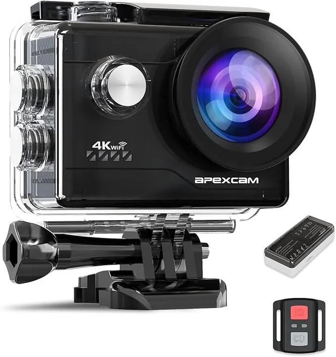 Apexcam Cámara Deportiva 4K60 con EIS Cámara de Acción WiFi Cámara subacuática Impermeable 40M Action Camera Gran Angular 2.4G Remoto 2 baterías de 1350mAh y Accesorios Multiples