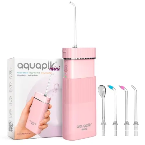 Irrigador dental portátil Aquapik Mini 140 ml | Water flosser recargable USB tipo C | 3 modos presión | limpieza profunda | Ideal para Encías sensibles, ortodoncia e implantes dentales (Rosa)