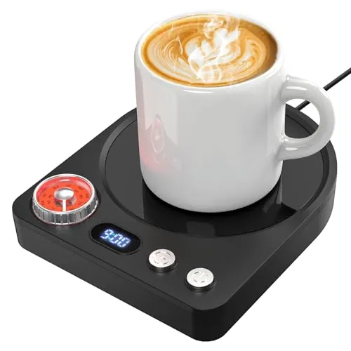 Accwork Calentador de Tazas de Escritorio con 9 Ajustes de Temperatura, Control Giratorio, Temporizador de 0,5 a 9 H, Apagado Automático y Mantiene Calientes El Té, La Leche y El Café