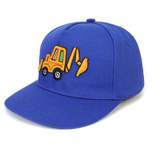 QKURT Sombrero para El Sol para Niños, Gorra de Béisbol, Sombrero de Pescador de Verano de ala Plana, Gorra de Playa con Protección Solar y Patrón de Excavadora para Niños de 3 a 8 Años