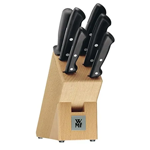 WMF Classic Line - Bloque de Cuchillos con Juego de Cuchillos de 7 Piezas, 5 Cuchillos con Hoja de Acero Especial, Bloque de Madera de Haya, Chaira de Acero para Afilar, Negro