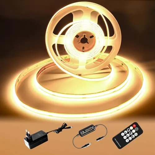 luktix Tira LED COB 5M, 3000K Tira LED blanca cálida, 24V Tira de luces LED Regulables, CRI92, 8 mm de Ancho, con Control Remoto y Fuente de Alimentación, para Decoración del Hogar, Cocina, Espejo