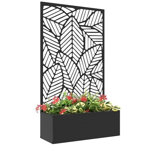 Outsunny Jardinera Exterior Grande de Metal Jardinera con Pantalla de Privacidad de Hojas Decorativas Jardinera de Pared o Independiente para Patio Terraza 61x23x113 cm Negro