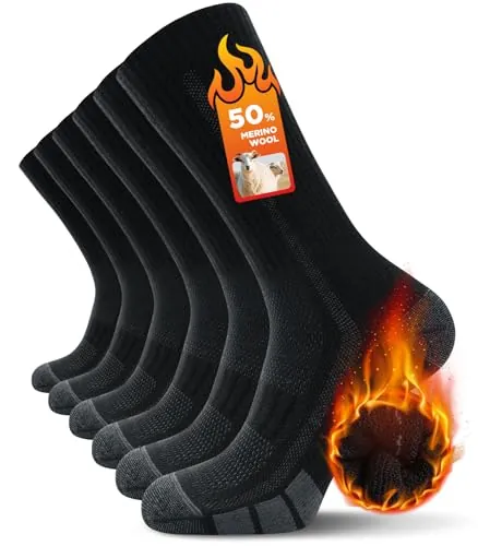 TANSTC Calcetines Térmicos de Senderismo para Hombre, Acolchados de Lana Merina, Transpirables para Correr, Ciclismo e Invierno, 3 Pares, Negro, Talla L