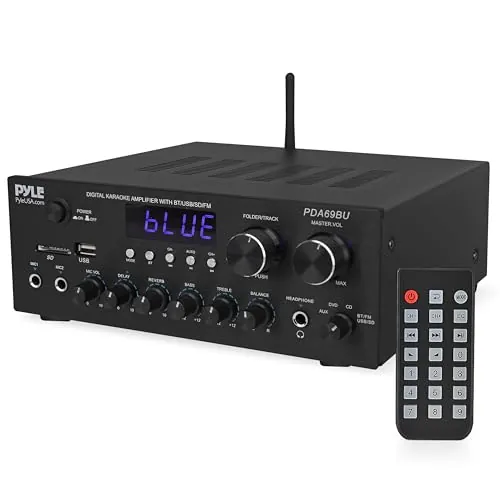Pyle Amplificador de Audio, para el hogar, Estudio, 300W, Bluetooth, Estereo, 2 Canales, Sistema de Audio MP3, USB, SD, AUX, RCA, Microfono, Audiofonos, FM, LED