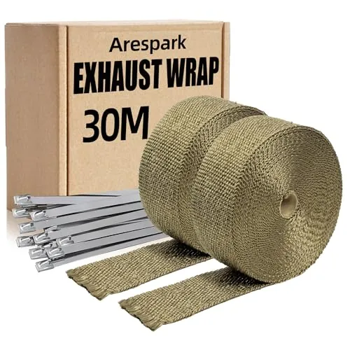 Arespark Cinta Anticalorica para Escapes 30M, 2 Rollos 15M Dorado Cinta de Escape Termica Moto Hecho de Fibras de Basalto con 24 Bridas Metalicas, para Colectores de Escape de Moto y Coches También
