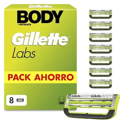 GilletteLabs Body + Intimate Cuchillas de Afeitar Cuerpo Hombre, Pack de 8 | Recambios de 2 Hojas, Banda Lubricante, Barra Anti-Vellos Enquistados Y Anti-Irritación, Depilación de La Zona Íntima Hombre