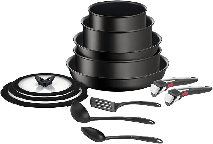 Tefal Ingenio Unlimited On - Juego de 2 Sartenes 24/28 cm + 2 Cazos 16/20 cm + Guisera 24 cm + 2 Mangos extraíbles + 6 Accesorios, Apto inducción, antiadherentes, Thermo-signal