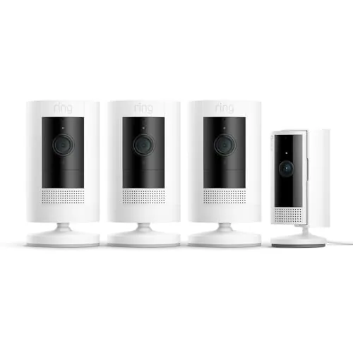 Ring Cámara exterior con batería Pack de 3 (Stick Up Cam) + Cámara interior (Indoor Camera 2.ª gen.) | Cámaras de vigilancia wifi con vídeo HD, comunicación bidireccional | 30 días gratis de Ring Home