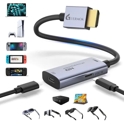 Guermok Adaptador HDMI a USB-C para Gafas AR, convertidor XR 4K@60Hz con Carga y Puerto DC 5V Compatible con X REAL One/Air 2 Pro, Ray Neo, Rokid, Switch2, Xbox1, PS4/5, monitores portátiles(Plateado)
