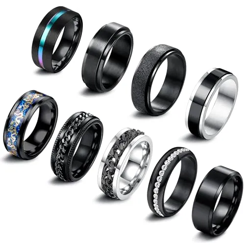 Adramata 9Pcs Anillos de Acero Inoxidable Vintage - Set Antiestres, Boda, Compromiso, Promesa y Cadena - Fidget Plata Negro