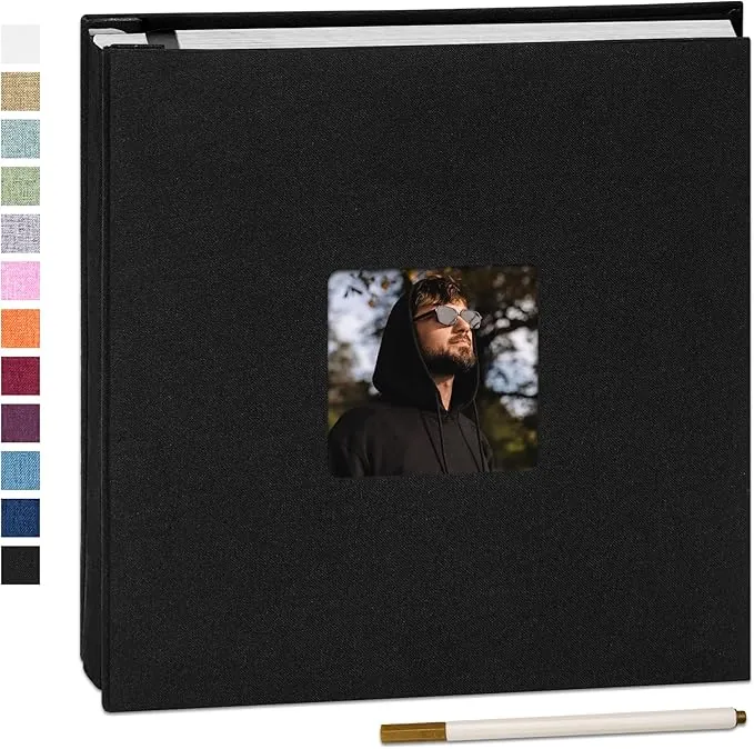 Álbum de Fotos Autoadhesivo 33x32 cm, 60 Páginas para Fotos 10x15 13x18 20x25 cm, Álbum Scrapbook de Lino para Pegar y Escribir, con Bolígrafo Metálico, Regalo Familia Bodas Viajes, Negro