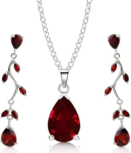 Crystalline Azuria Mujer 18ct Chapado en Oro Blanco Lágrimas Juego de joyas Rojo Zirconia Collar Pendientes para Mujer y Niña